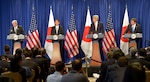In this photo, Secretary of Defense Ash Carter and Secretary of State John Kerry hold a joint press conference with Japanese Foreign Minister Fumio Kishida and Japanese Defense Minister Gen. Nakatani in New York City, April 27, 2015. 