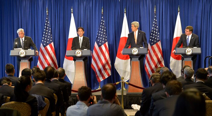 In this photo, Secretary of Defense Ash Carter and Secretary of State John Kerry hold a joint press conference with Japanese Foreign Minister Fumio Kishida and Japanese Defense Minister Gen. Nakatani in New York City, April 27, 2015. 