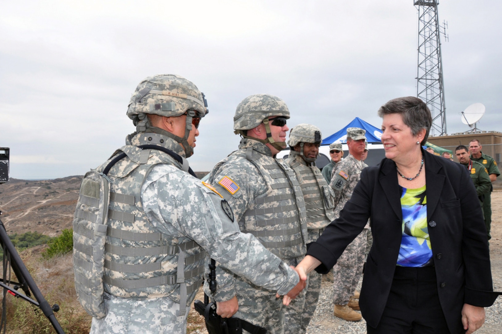 Sec. Janet Napolitano of the Department of Homeland Security shakes hands with California National Guard members of Joint Task Force Sierra, who are working on the southwest border with U.S. Customs and Border Protection (CBP), in San Diego on Oct. 18, 2010.