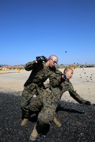 Recruit Servante R. Coba, (left), executes a counter to the rear headlock on Recruit Jimmy L. Ngo. Both recruits are from Platoon 3249, Lima Company, 3rd Recruit Training Battalion, and were taking part in Marine Corps Martial Arts Program training at Marine Corps Recruit Depot San Diego, April 20. Coba is a San Marcos, Calif., native and was recruited out of Recruiting Station San Diego. Ngo is a Seattle, Wash., native and was recruited out of Recruiting Station Seattle. Today, all male recruits recruited from recruiting stations west of the Mississippi are trained at MCRD San Diego. The depot is responsible for training more than 16,000 recruits annually. Company G is scheduled to graduate from recruit training on May 8.