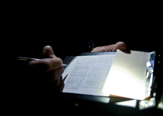 Victor Morales, 99th Security Forces Squadron patrol leader, prepares to fill out a traffic citation at Nellis Air Force Base, Nev., April 27, 2015. Security forces members provide base defense and protection, and respond to scenarios ranging from routine traffic stops to active shooter scenarios. (U.S. Air Force photo by Staff Sgt. Siuta B. Ika)