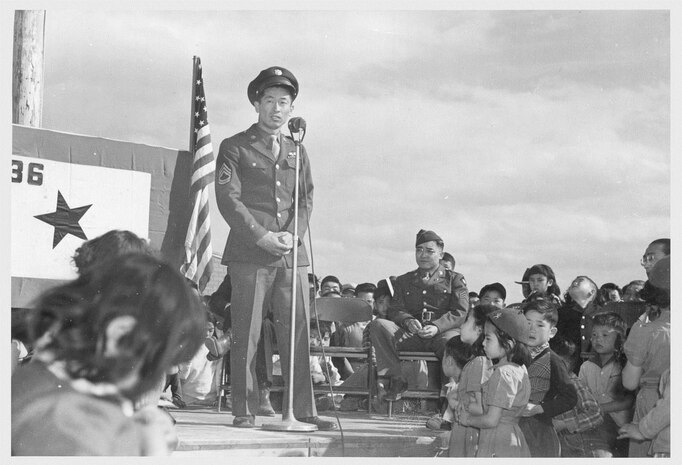 Tech. Sgt. Ben Kuroki speaks at the Heart Mountain Wyoming internment camp April 24, 1944. Kuroki is the only American of Japanese descent in the U.S. Army Air Forces to serve in combat operations in the Pacific theater of World War II. (Courtesy photo)