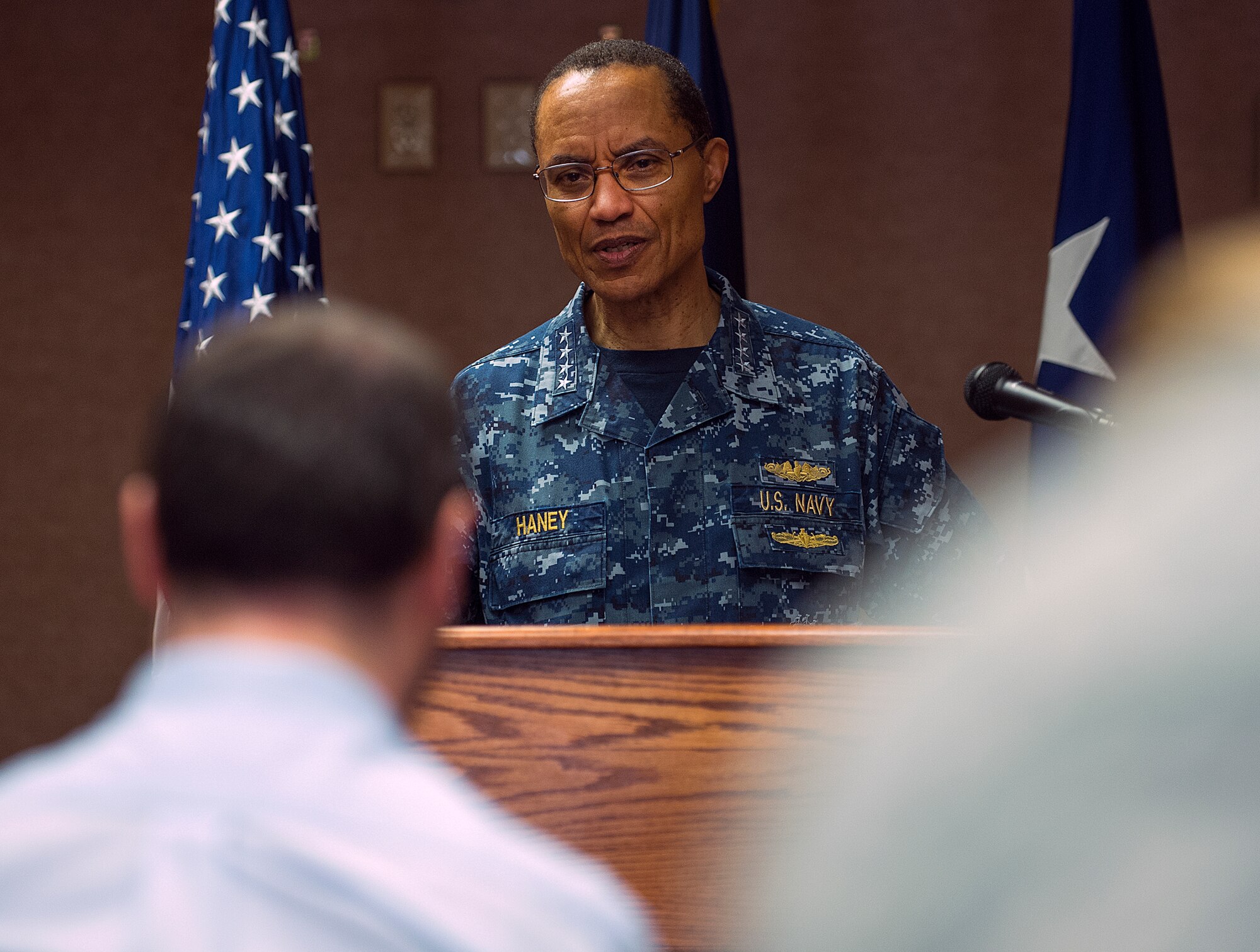 U.S. Navy Adm. Cecil Haney, U.S. Strategic Command commander, speaks with local media during a visit to F.E. Warren Air Force Base, Wyo., April, 28, 2015. Haney visited F.E. Warren to see firsthand the men and women performing the ICBM mission 24/7, 365, and to chair the Intercontinental Ballistic Missile Stakeholders meeting, one of several such meetings that will be held this year.  USSTRATCOM is one of nine DoD unified combatant commands and is charged with strategic deterrence; space operations; cyberspace operations; joint electronic warfare; global strike; missile defense; intelligence, surveillance and reconnaissance; combating weapons of mass destruction; and analysis and targeting. (U.S. Air Force photo by R.J. Oriez)
