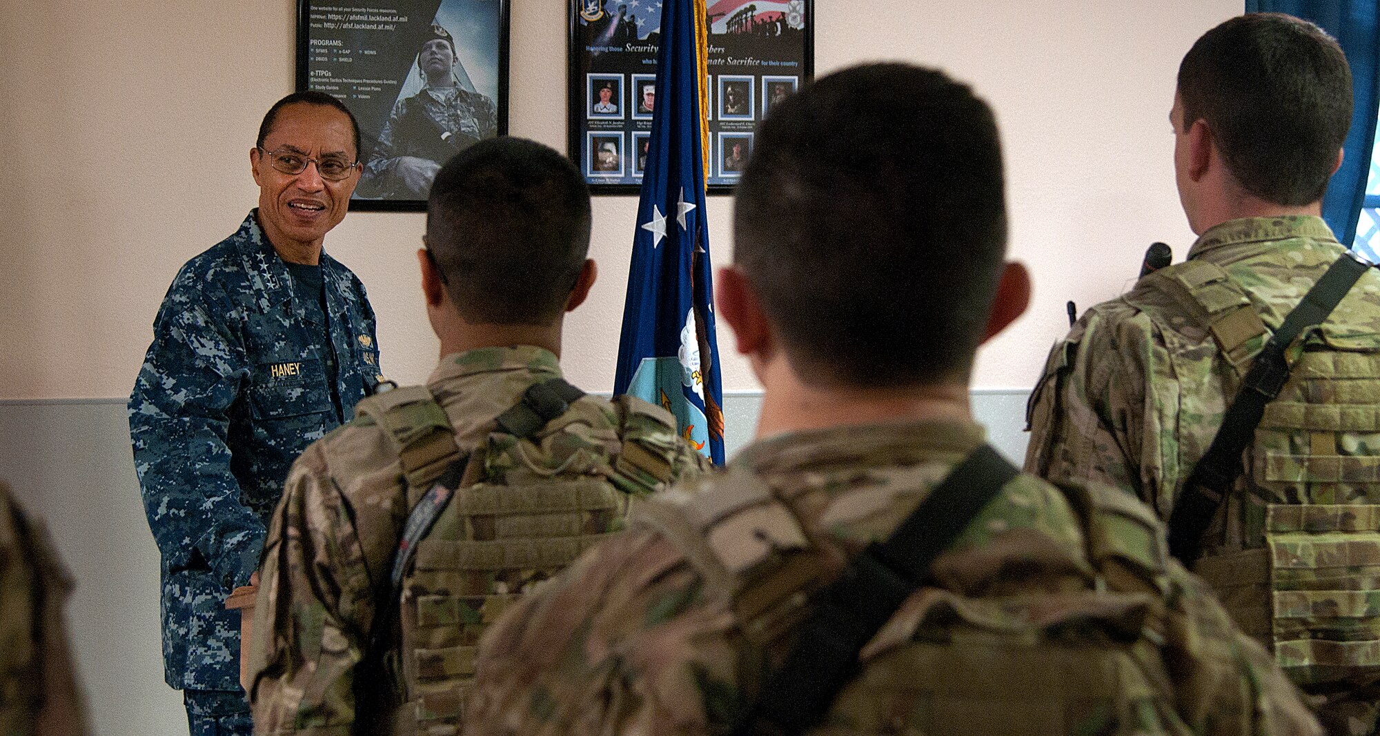 U.S. Navy Adm. Cecil D. Haney, U.S. Strategic Command commander, speaks to 90th Missile Security Forces Squadron Airmen about the importance of their mission April 28, 2015, during a visit to F.E. Warren Air Force Base, Wyo. Haney traveled to F.E. Warren to see firsthand the men and women performing the ICBM mission 24/7, 365, and to chair the Intercontinental Ballistic Missile Stakeholders meeting, one of several such meetings that will be held this year. USSTRATCOM is one of nine DoD unified combatant commands and is charged with strategic deterrence; space operations; cyberspace operations; joint electronic warfare; global strike; missile defense; intelligence, surveillance and reconnaissance; combating weapons of mass destruction; and analysis and targeting. (U.S. Air Force photo by Airman 1st Class Brandon Valle)
