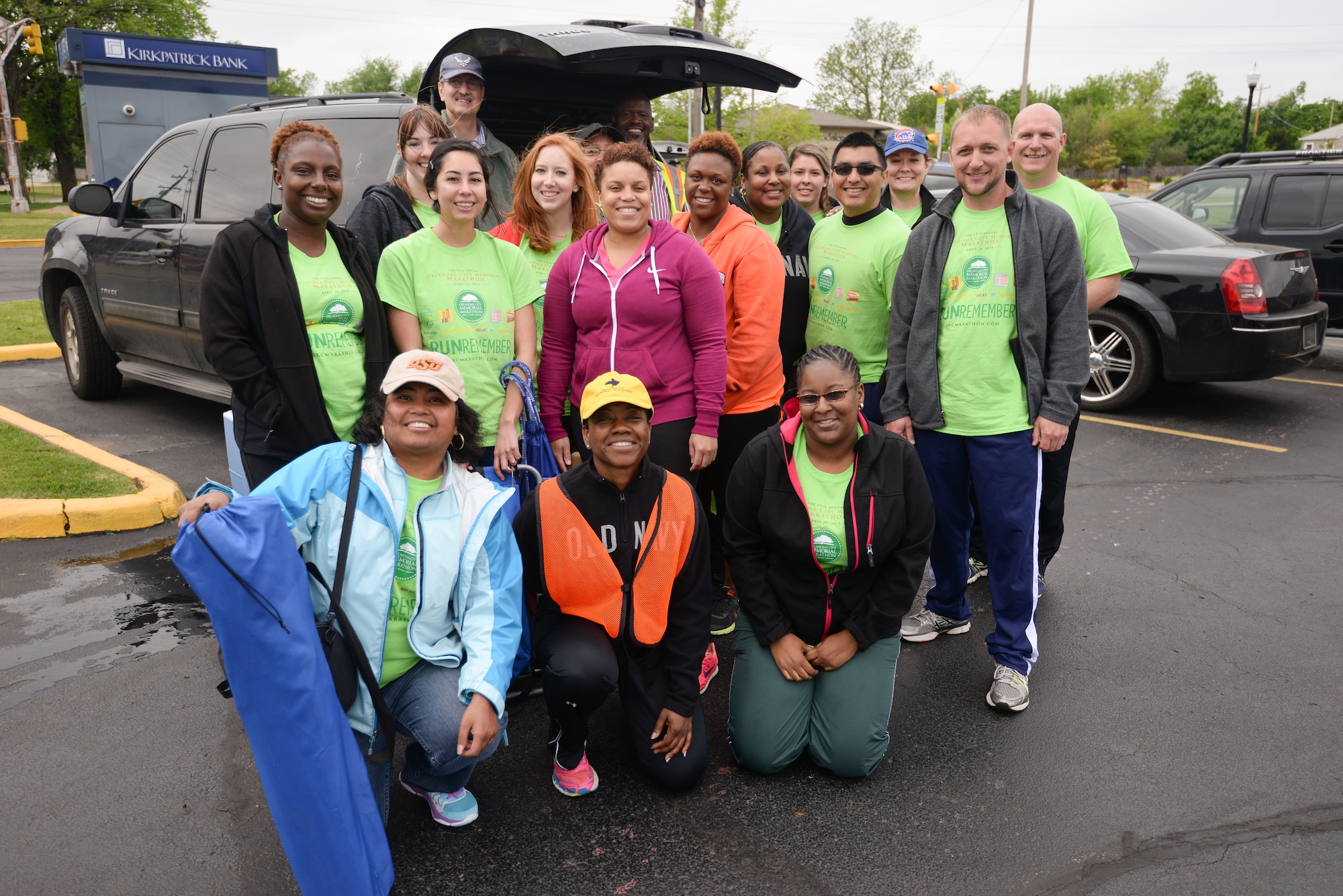 Oklahoma City Memorial Marathon volunteers from the 513th Air Control Group and 507th Air Refueling Wing at Tinker Air Force Base pose for a photo April 26 after the run in Oklahoma City. The reservists helped by diverting traffic and keeping the route safe. (U.S. Air Force photo/Staff Sgt. Caleb Wanzer)