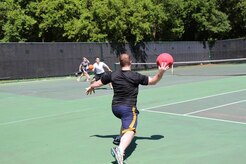 Service members participate in the second annual Dodgeball Tournament April 24, 2015 at Joint Base Charleston - Weapons Station, S.C. SPAWAR Systems Center Atlantic hosted the tournament to help raise awareness for Sexual Assault Awareness and Prevention Month.  The winning team "Crew Bravo" from Nuclear Power Training Unit Charleston beat out team "Code 11/51" from SPAWAR. (Courtesy photo) 

