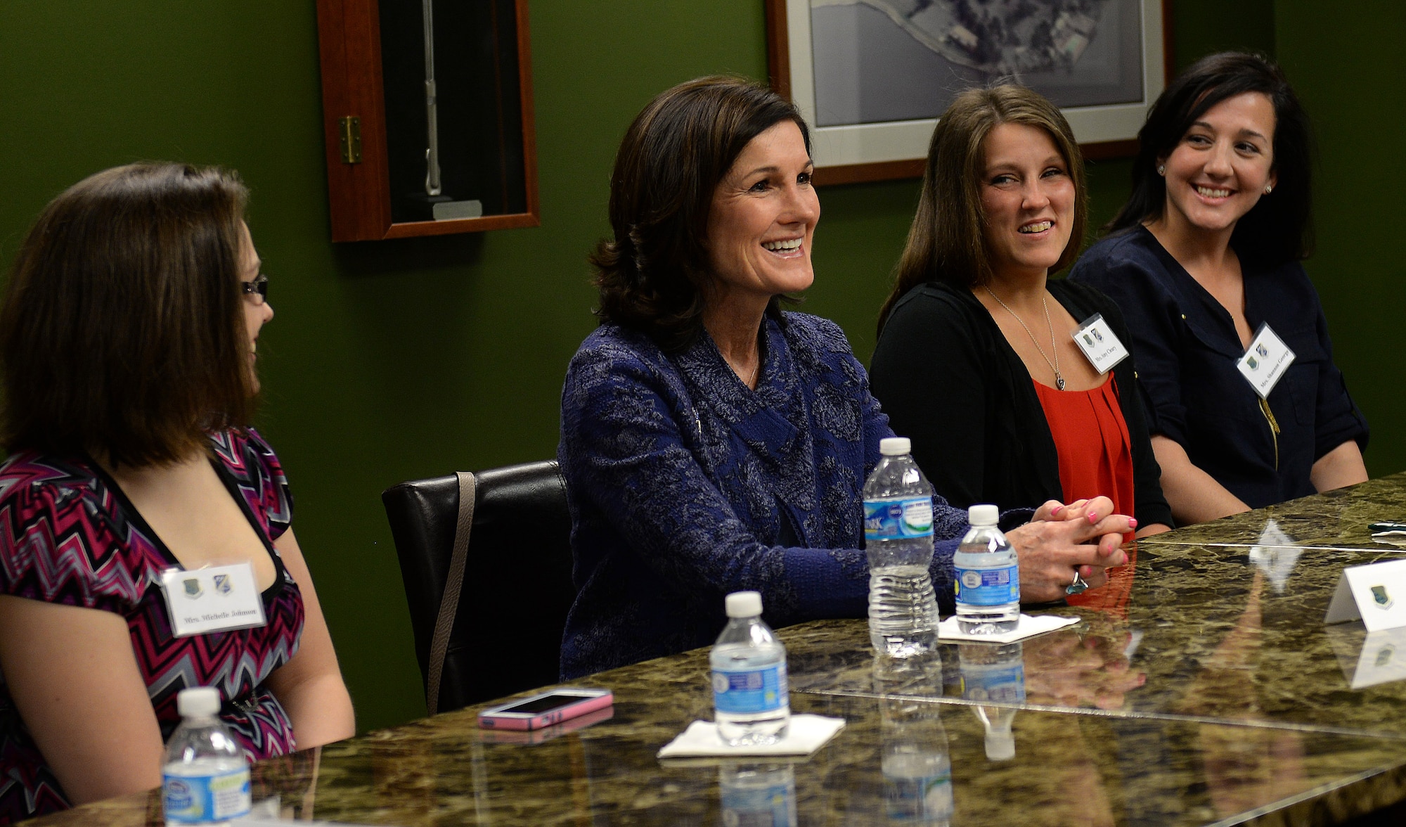 Betty Welsh, wife of U.S. Air Force Chief of Staff Gen. Mark A. Welsh III, speaks with spouses within the 1st Maintenance Group at Langley Air Force Base, Va., April 27, 2015. Mrs. Welsh worked with other groups such as chaplains and first sergeants to listen to issues and concerns with supporting military members and their families. (U.S. Air Force photo by Staff Sgt. Teresa J. Cleveland/Released)
