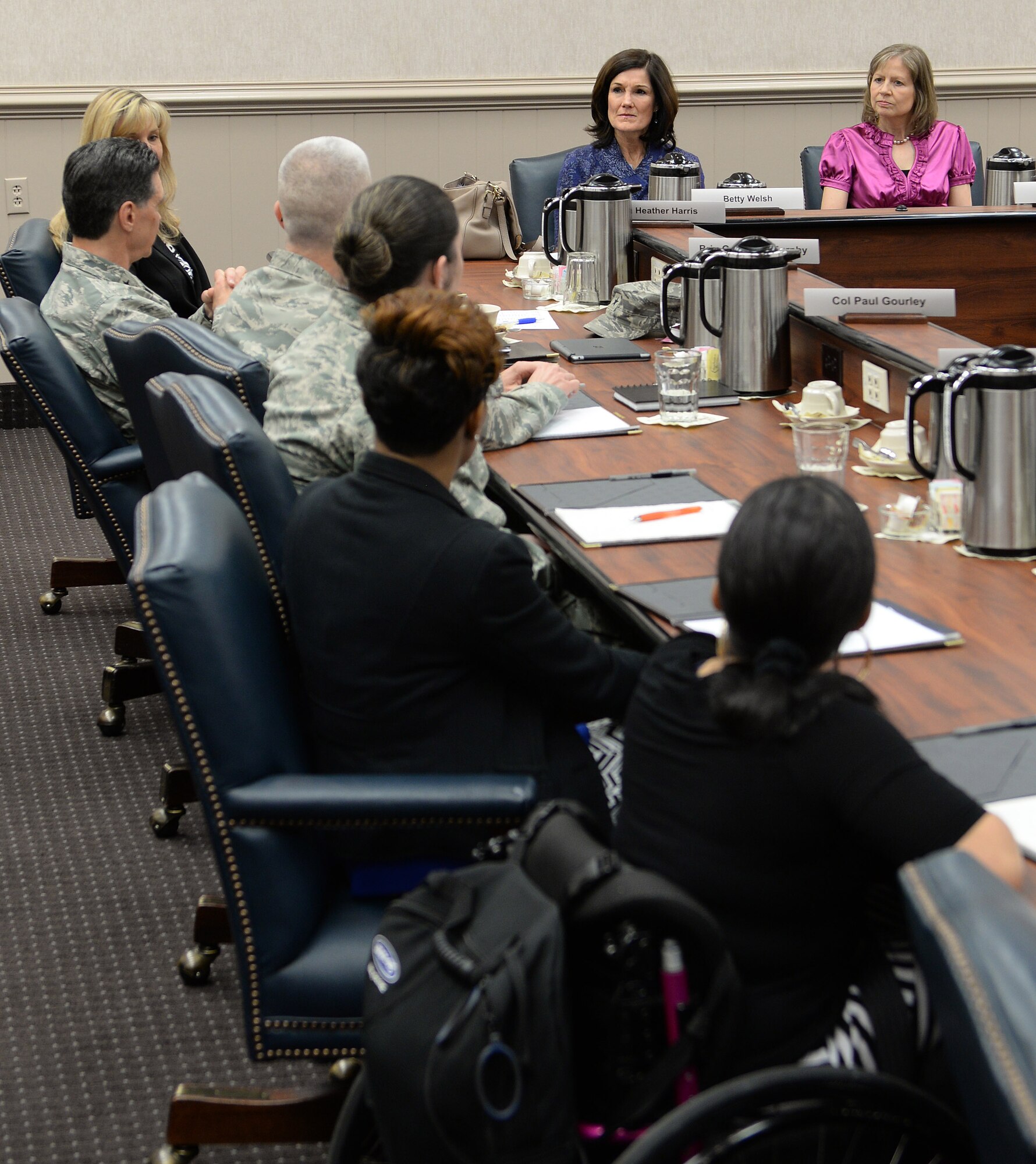 Betty Welsh, wife of U.S. Air Force Chief of Staff Gen. Mark A. Welsh III, hears from family members in the Exceptional Family Member Program at Langley Air Force Base, Va., April 27, 2015. Mrs. Welsh conducted roundtable meetings with spouses and support groups across the installation to further understand Air Force family needs, requirements and best practices. (U.S. Air Force photo by Staff Sgt. Teresa J. Cleveland/Released)