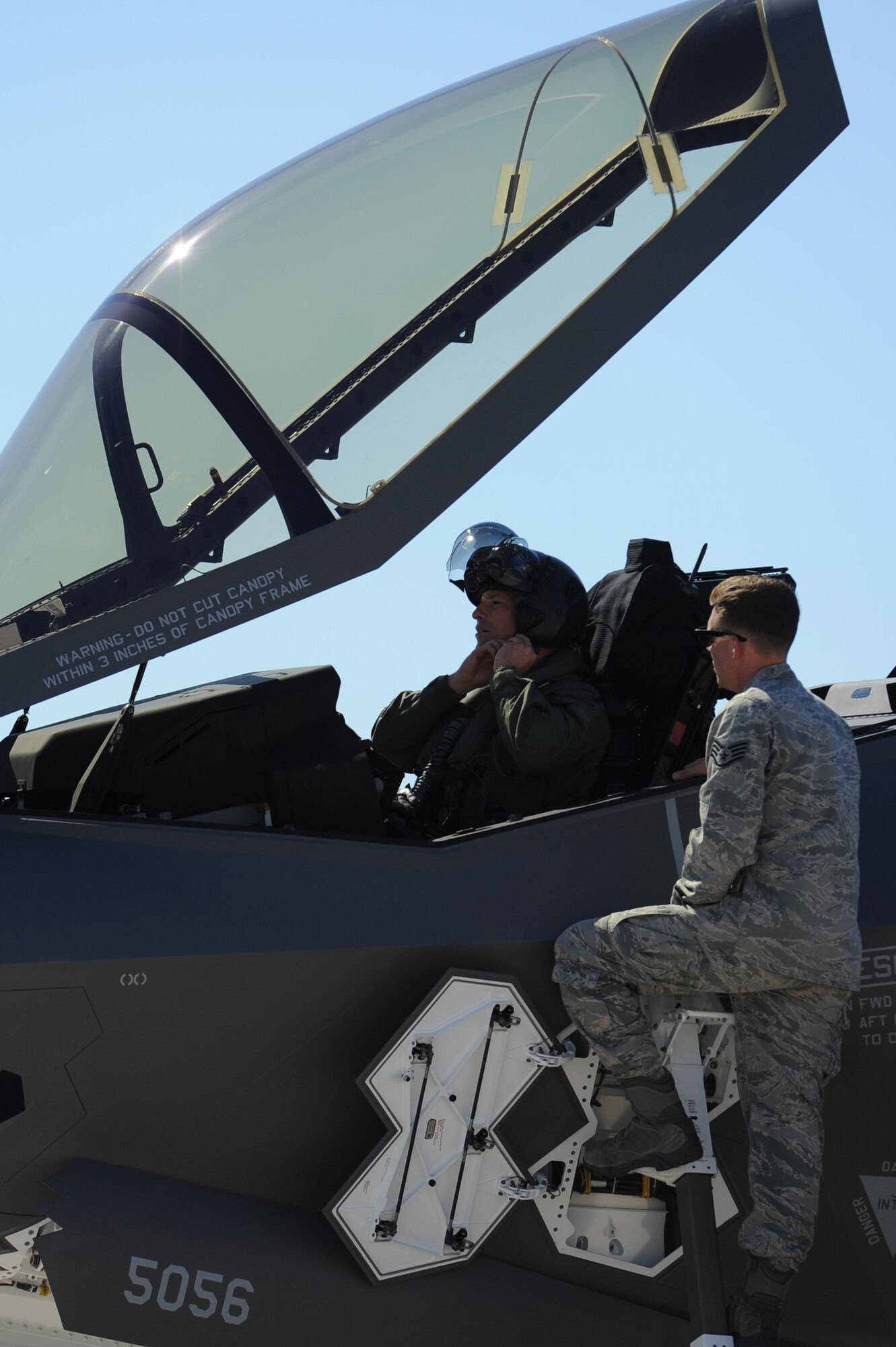 Brig. Gen. Scott Pleus, 56th Fighter Wing commander, parks the flagship F-35 Lightning ll at Luke Air Force Base, Arizona, April 28, 2015. The flagship's arrival coincides with the start of Luke F-35 student pilot training, which begins in May. Luke now has 22 of 144 F-35s scheduled to be stationed at the Glendale, Arizona, base. (U.S. Air Force photo by Staff Sgt. Staci Miller)