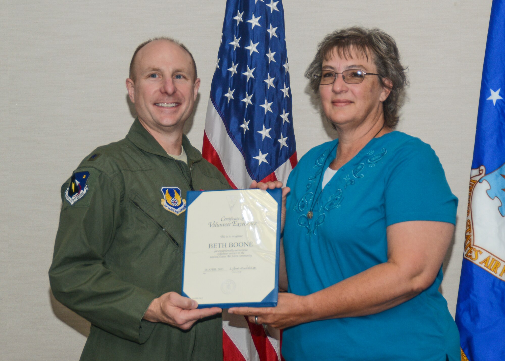 This year’s Volunteer Excellence Award recipient was Beth Boone, who received a certificate of appreciation from Brig. Gen. Carl Schaefer, 412th Test Wing commander. Boone works at the Edwards Federal Credit Union. She has given 4,642 hours of service to the Edwards community. In the last 13 years, she knitted over 245 personalized receiving blankets for new and expectant parents through the Air Force Aid Society's Bundles for Babies program. (U.S. Air Force photo by Rebecca Amber)