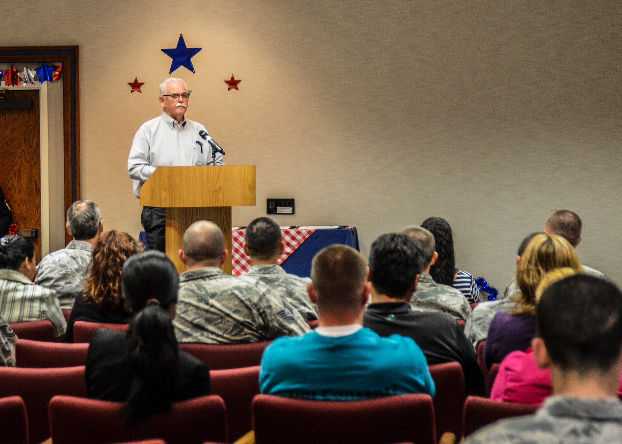 Calvin Oglesby Jr. was the guest speaker at the Annual Volunteer Recognition Ceremony. Oglesby is a volunteer himself for the American Red Cross and serves as a preparedness educator. (U.S. Air Force photo by Rebecca Amber)