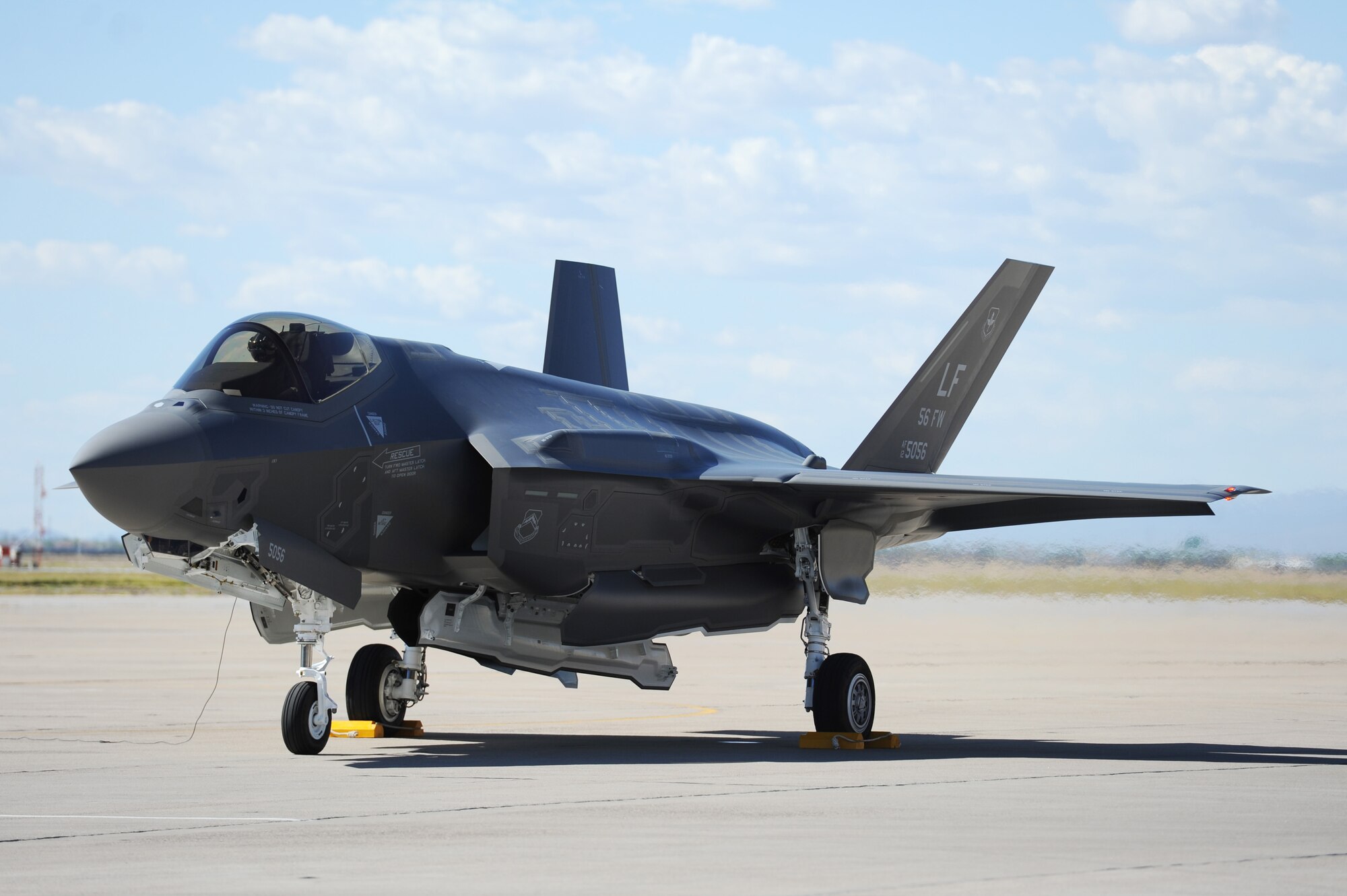 Brig. Gen. Scott Pleus, 56th Fighter Wing commander, lands the flagship F-35 Lightning ll at Luke Air Force Base, Arizona, April 28, 2015. The flagship's arrival coincides with the start of Luke F-35 student pilot training, which begins in May. Luke now has 20 U.S. F-35s and two from the Royal Australian Air Force. (U.S. Air Force photo by Staff Sgt. Staci Miller)