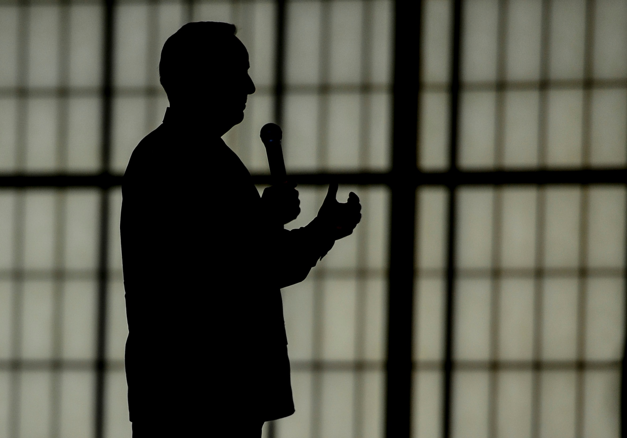 U.S. Air Force Chief of Staff Gen. Mark A. Welsh III, addresses U.S. Service members during an all call at Langley Air Force Base, Va., April 27, 2015. Welsh spoke to Airmen throughout the installation in an effort to complete a comprehensive assessment of Air Force needs, as well as a way to see the successes and challenges Airmen are faced with. (U.S. Air Force photo by Senior Airman Kayla Newman/Released)