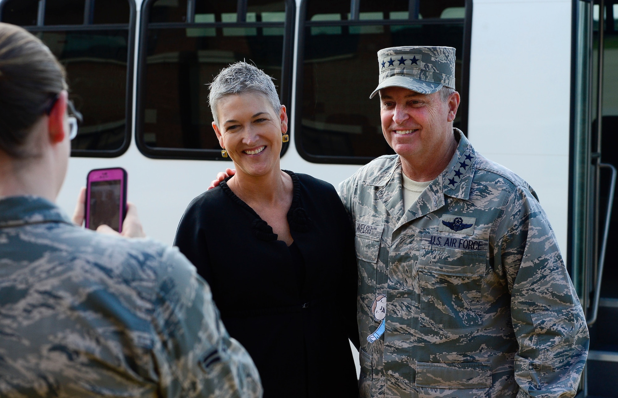 U.S. Air Force Chief of Staff Gen. Mark A. Welsh III, poses for a photo with Jennifer Griffin, Fox News correspondent, during a tour at Langley Air Force Base, Va., April 27, 2015. Welsh visited different wings on the installation to talk with Airmen about key issues around the Air Force. (U.S. Air Force photo by Senior Airman Kayla Newman/Released)