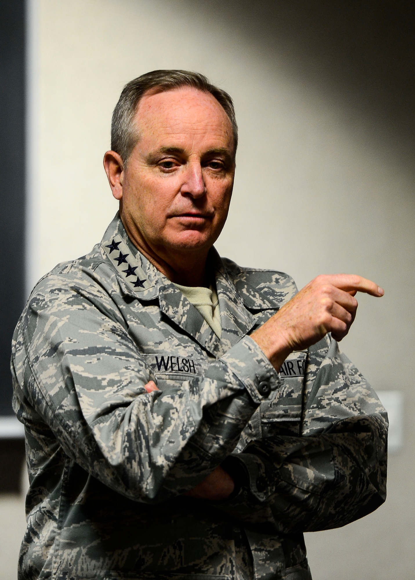 U.S. Air Force Chief of Staff Gen. Mark A. Welsh III, hosts a roundtable discussion with pilots at Langley Air Force Base, Va., April 27, 2015. Welsh took time to listen and answer questions regarding concerns from U.S. Air Force Airmen. (U.S. Air Force photo by Senior Airman Kayla Newman/Released) (Photo was cropped and sharpened to emphasize subject.)