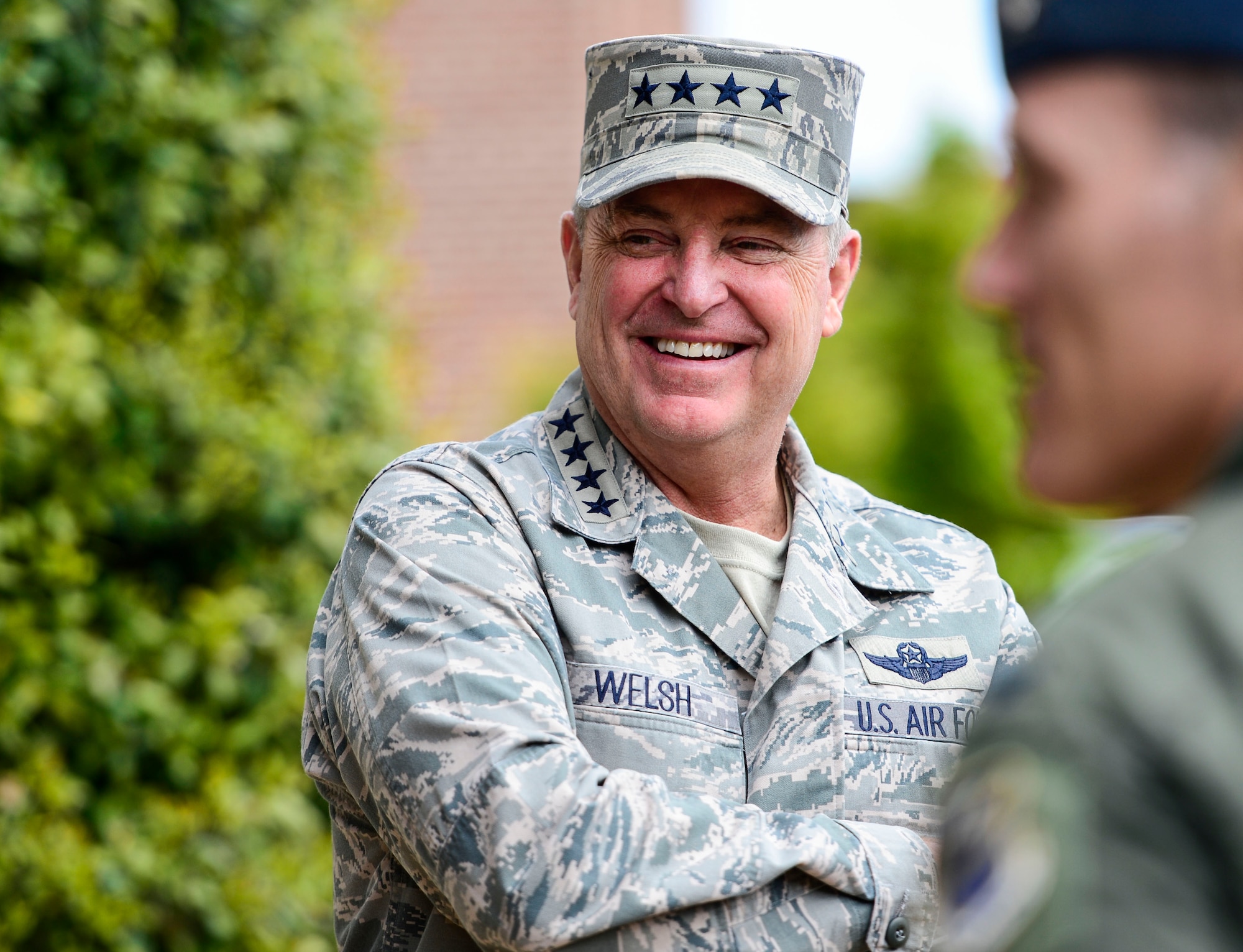 U.S. Air Force Chief of Staff Gen. Mark A. Welsh III, prepares to depart the Creech Conference Center at Langley Air Force Base, Va., April 27, 2015. During the first day of Welsh’s tour of Langley, he was escorted by Gen. Hawk Carlisle, commander Air Combat Command, and Col.’s Kevin Huyck, 1st Fighter Wing commander, and  Robert Grey, 192nd Fighter Wing commander. (U.S. Air Force photo by Senior Airman Kayla Newman/Released)