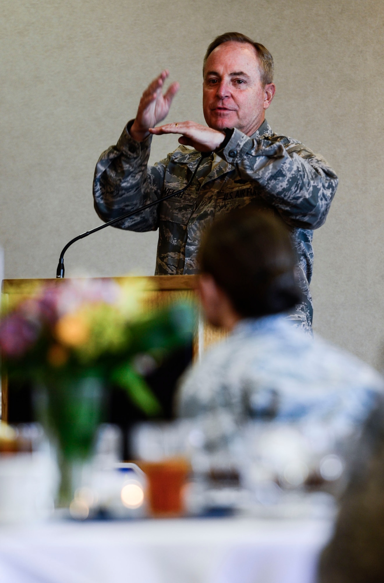 U.S. Air Force Chief of Staff Gen. Mark A. Welsh III, holds a question and answer session during a lunch at Langley Air Force Base, Va., April 27, 2015. During his lunch with staff from Air Combat Command, Welsh answered questions on a variety of topics, such as the Post 9/11 GI Bill and retirement plans. (U.S. Air Force photo by Senior Airman Kayla Newman/Released) (Photo was cropped and sharpened to emphasize subject.)	
