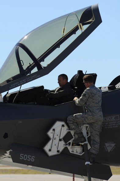 Brig. Gen. Scott Pleus, 56th Fighter Wing commander, parks the flagship F-35 Lightning ll at Luke Air Force Base, Arizona, April 28, 2015. The flagship's arrival coincides with the start of Luke F-35 student pilot training, which begins in May. Luke now has 20 U.S. F-35s and two from the Royal Australian Air Force. (U.S. Air Force photo by Staff Sgt. Staci Miller)