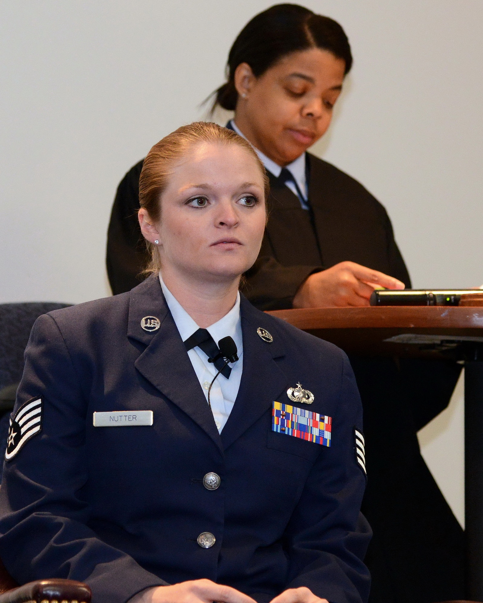 Staff Sgt. Cassandra Nutter plays the role of the victim of an alleged sexual assault in a mock trial April 17 at the Phillips Laboratory building. The mock trial held as part of a Sexual Assault Awareness and Prevention Month series. About 150 Airmen turned out to serve as members of the mock panel deciding the fate of the accused. (Photo by Jamie Burnett)