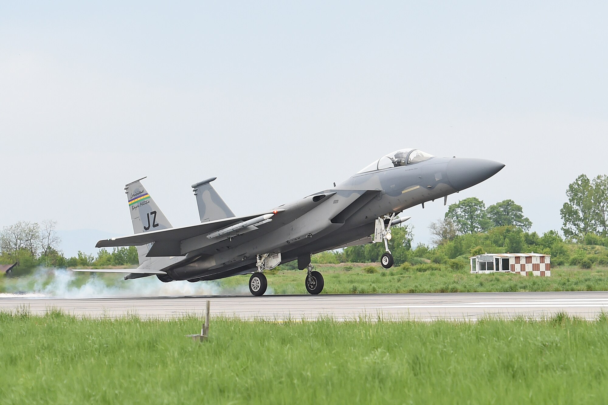 An F-15 Eagle from the Louisiana Air National Guard???s 159th Fighter Wing lands after completing a sortie during Thracian Eagle 2015, a bilateral training exercise at Graf Ignatievo Air Base, near Plovdiv, Bulgaria, April 28, 2015. The exercise allows U.S. and NATO to demonstrate their shared commitment to a peaceful, stable and secure Europe. (U.S. Air National Guard photo by Master Sgt. Toby M. Valadie, 159th Public Affairs Office/Released)