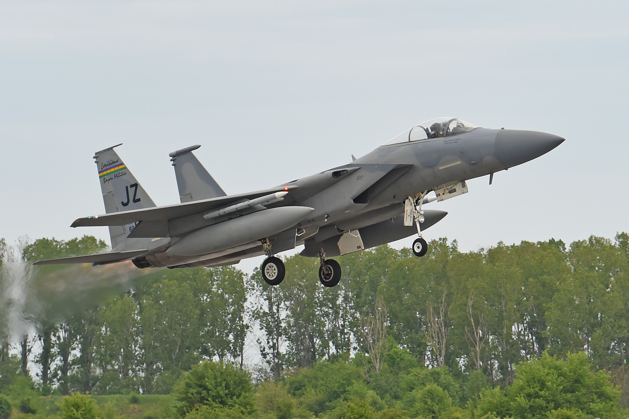 An F-15 Eagle from the Louisiana Air National Guard???s 159th Fighter Wing takes off during Thracian Eagle 2015, a bilateral training exercise at Graf Ignatievo Air Base, near Plovdiv, Bulgaria, April 28, 2015. The exercise allows U.S. and NATO to demonstrate their shared commitment to a peaceful, stable and secure Europe. (U.S. Air National Guard photo by Master Sgt. Toby M. Valadie, 159th Public Affairs Office/Released)
