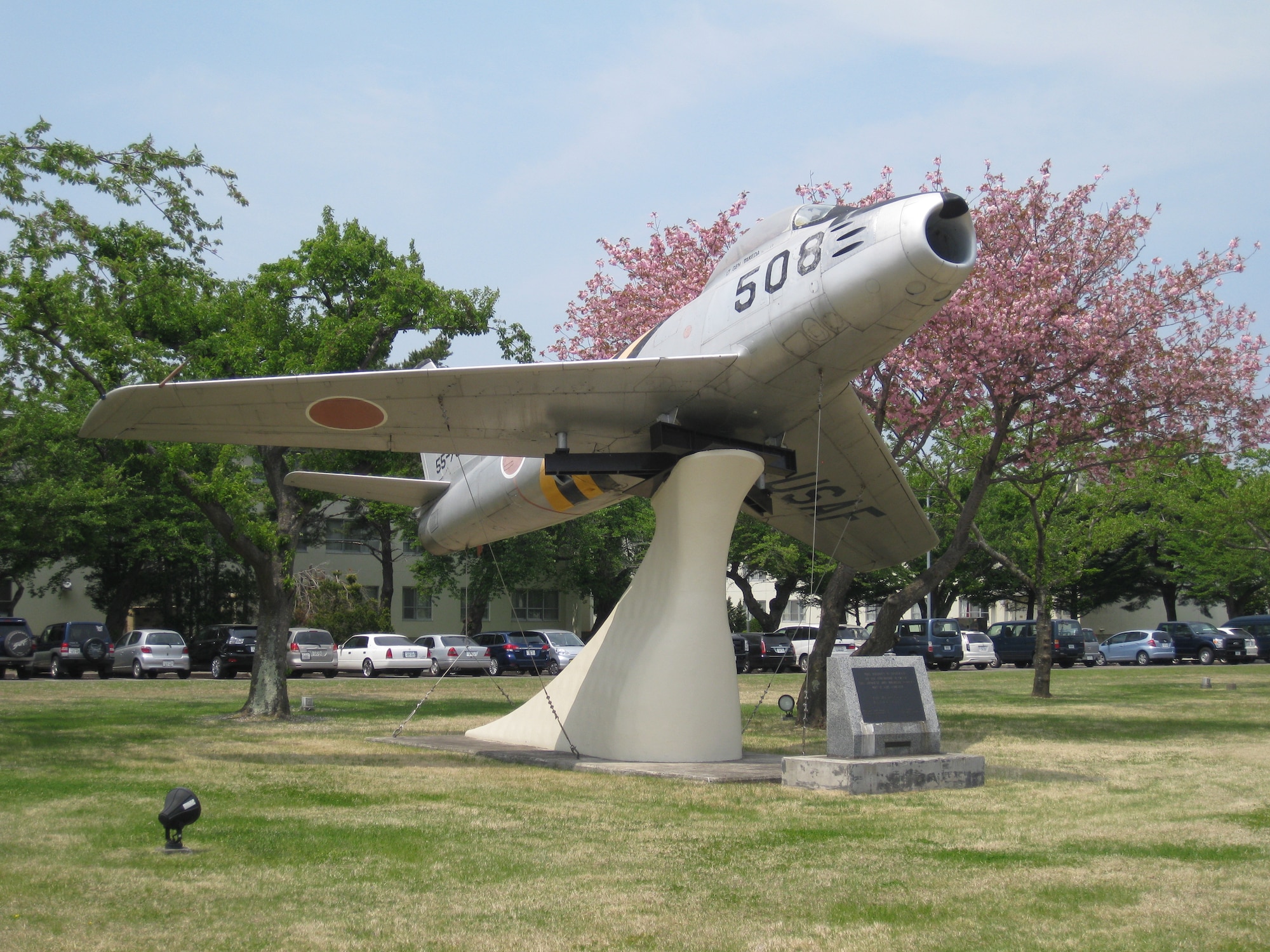 The F-86 on display in Risner Circle, Misawa AB, Japan features both U.S. and Japanese markings to recognize the bilateral friendship of the two nations.  (Released/U.S. Air Force photo)