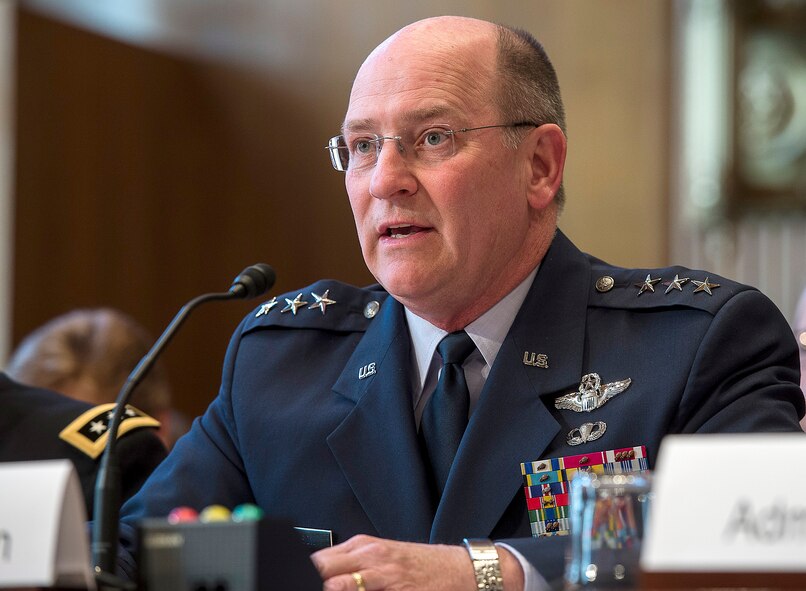 Air Force Reserve Chief Lt. Gen. James Jackson testifies before the Senate Appropriations Committee Subcommittee on Defense, to answer questions pertaining to the fiscal year 2016 funding request and budget justification for the U.S. National Guard and Reserve, in Washington, D.C., April 29, 2015. Testifying with Jackson, on behalf of the Air National Guard, was Air National Guard Director Lt. Gen. Stanley E. Clark III. (U.S. Air Force photo/Jim Varhegyi)