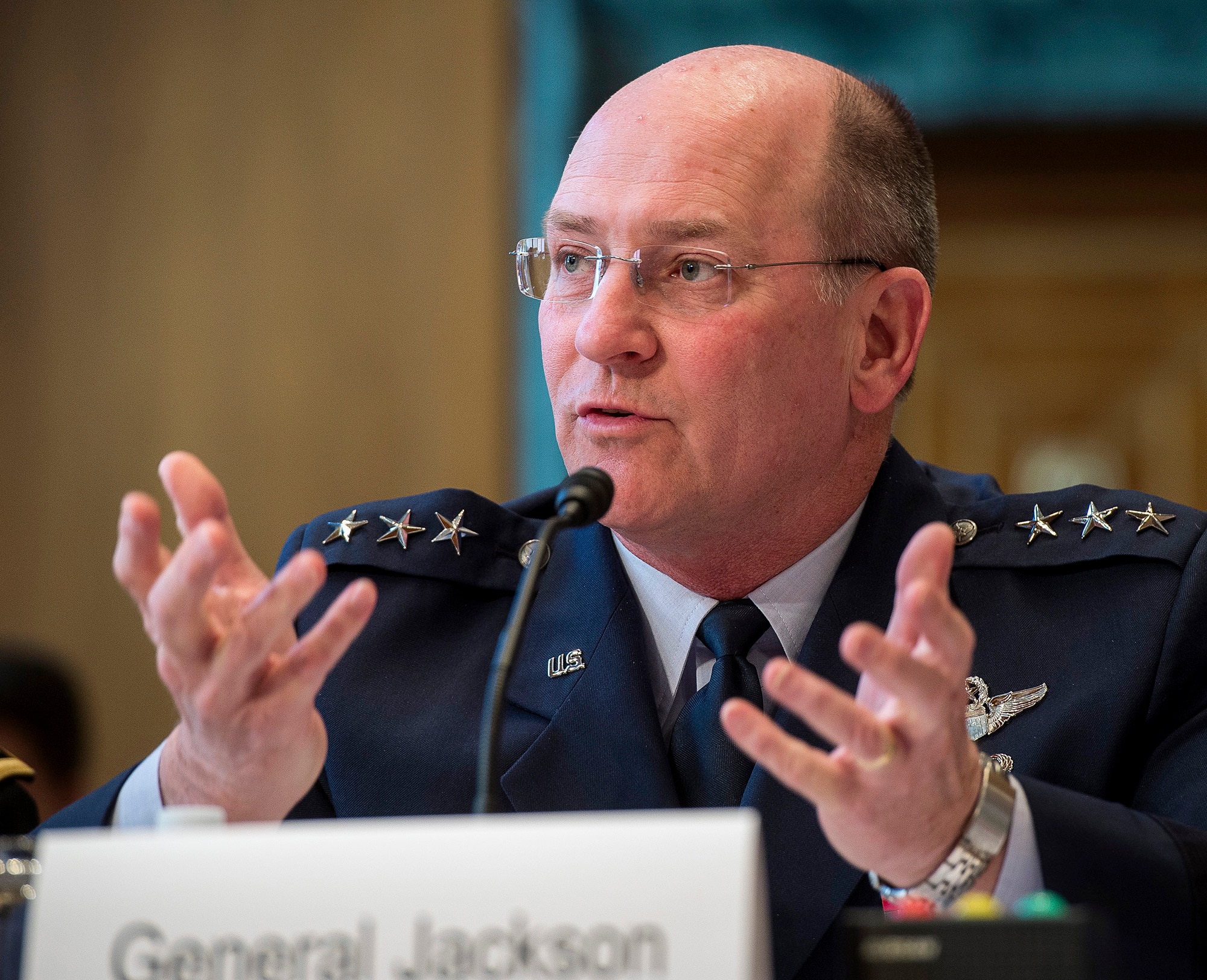 Air Force Reserve Chief Lt. Gen. James Jackson testifies before the Senate Appropriations Committee Subcommittee on Defense, to answer questions pertaining to the fiscal year 2016 funding request and budget justification for the U.S. National Guard and Reserve, in Washington, D.C., April 29, 2015.  Testifying with Jackson, on behalf of the Air National Guard, was director of the Air National Guard Lt. Gen. Stanley E. Clark III.  (U.S. Air Force photo/Jim Varhegyi)