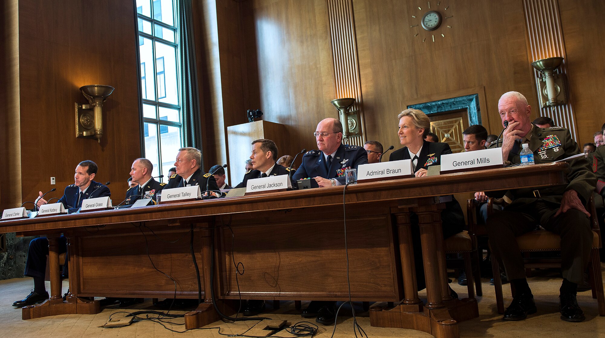 Air National Guard Director Lt. Gen. Stanley E. Clark III, far left, testifies before the Senate Appropriations Committee Subcommittee on Defense, to answer questions pertaining to the fiscal year 2016 funding request and budget justification for the U.S. National Guard and Reserve, in Washington, D.C., April 29, 2015. Among others, Clark testified before the Senate with Air Force Reserve Chief Lt. Gen. James Jackson. (U.S. Air Force photo/Jim Varhegyi)