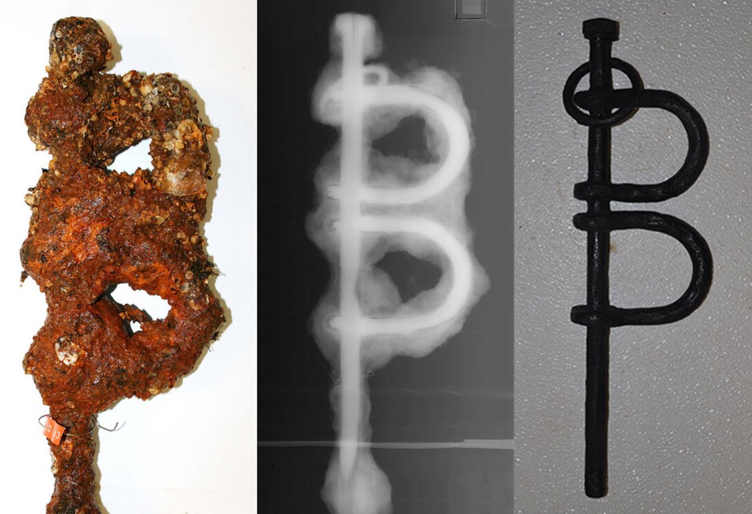 From left: Leg irons covered in concretions, X-rayed, and the replica made from a mold after the concretions were removed. Archaeologists are learning more about Civil War life by piecing together information from CSS Georgia artifacts.