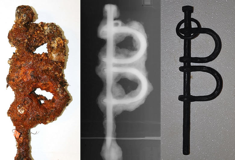 From left: Leg irons covered in concretions, X-rayed, and the replica made from a mold after the concretions were removed. Archaeologists are learning more about Civil War life by piecing together information from CSS Georgia artifacts.