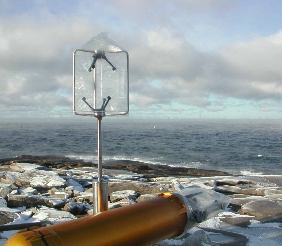A cloud imaging probe with sonic anemometer on the foghorn platform, used to measure sea spray. 