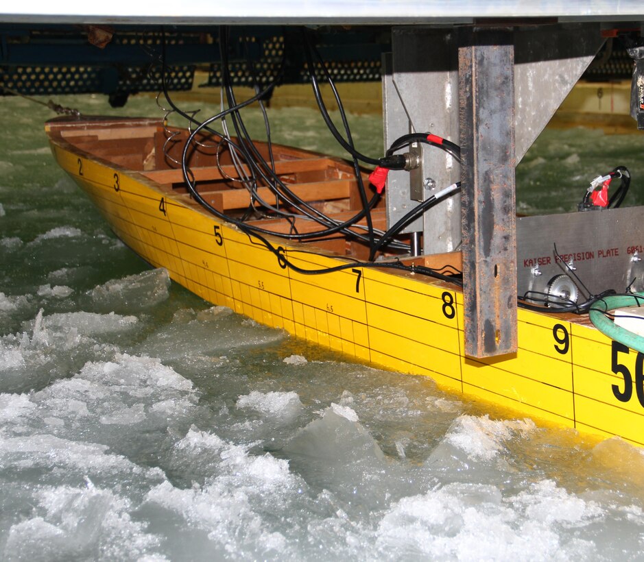 CRREL conducts a scaled physical model study for the U.S. Coast Guard in 2013 to study the capabilities, limitations, and potential design improvements to the Coast Guard’s personnel rescue vessels in seasonal sea ice conditions encountered in coastal Alaska.