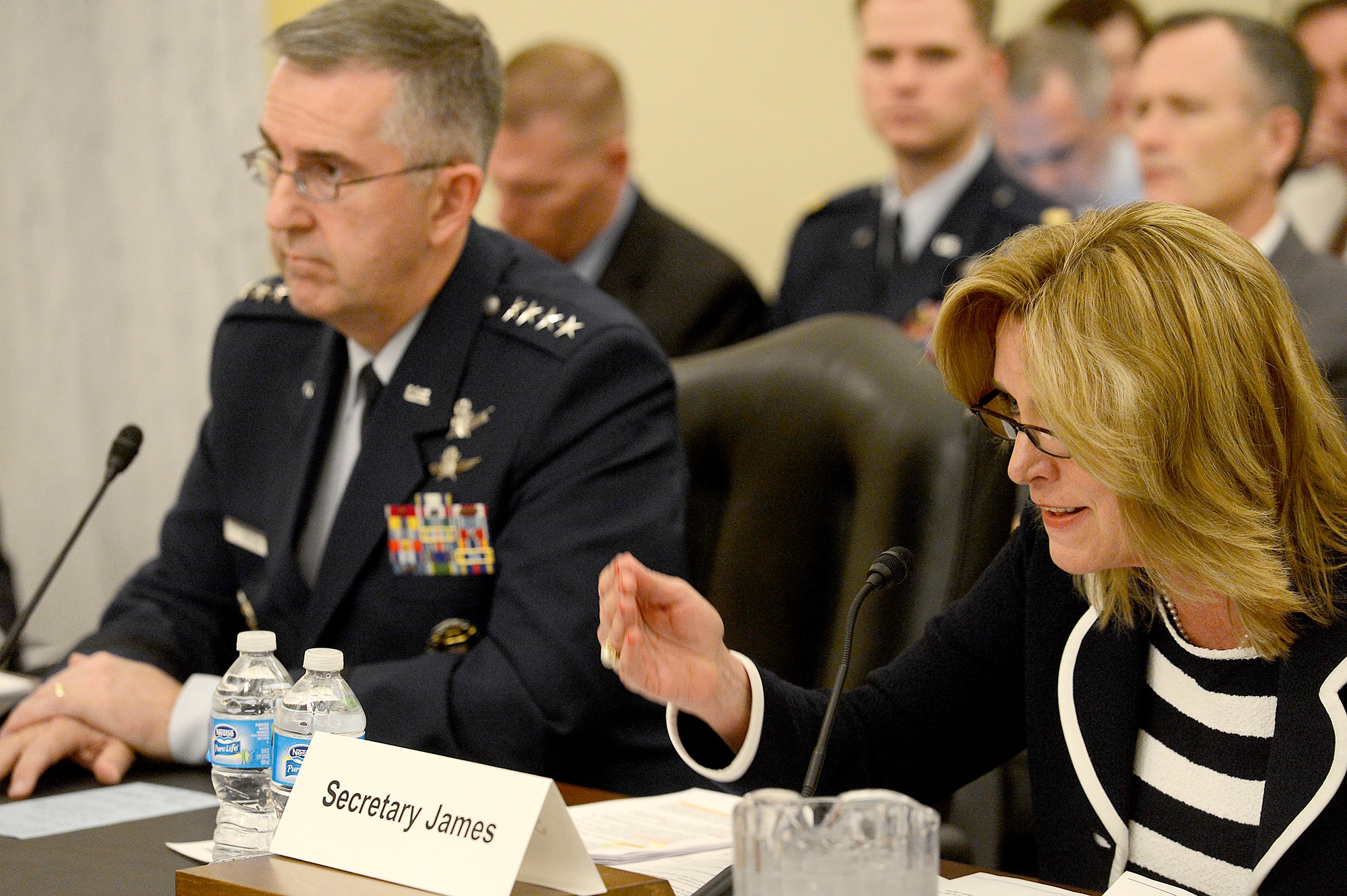 Secretary of the Air Force Deborah Lee James and Gen. John E. Hyten, commander of Air Force Space Command, testify before the Senate Armed Services Committee, Subcommittee on Strategic Forces in Washington, D.C., April 29, 2015. James stated during the hearing that space-based capabilities and effects are vital to U.S. warfighting, homeland security and the country’s way of life. James and Hyten also testified with Cristina T. Chaplain, director of Acquisition and Sourcing Management Government Accountability Office. (U.S. Air Force photo/Scott M. Ash)
