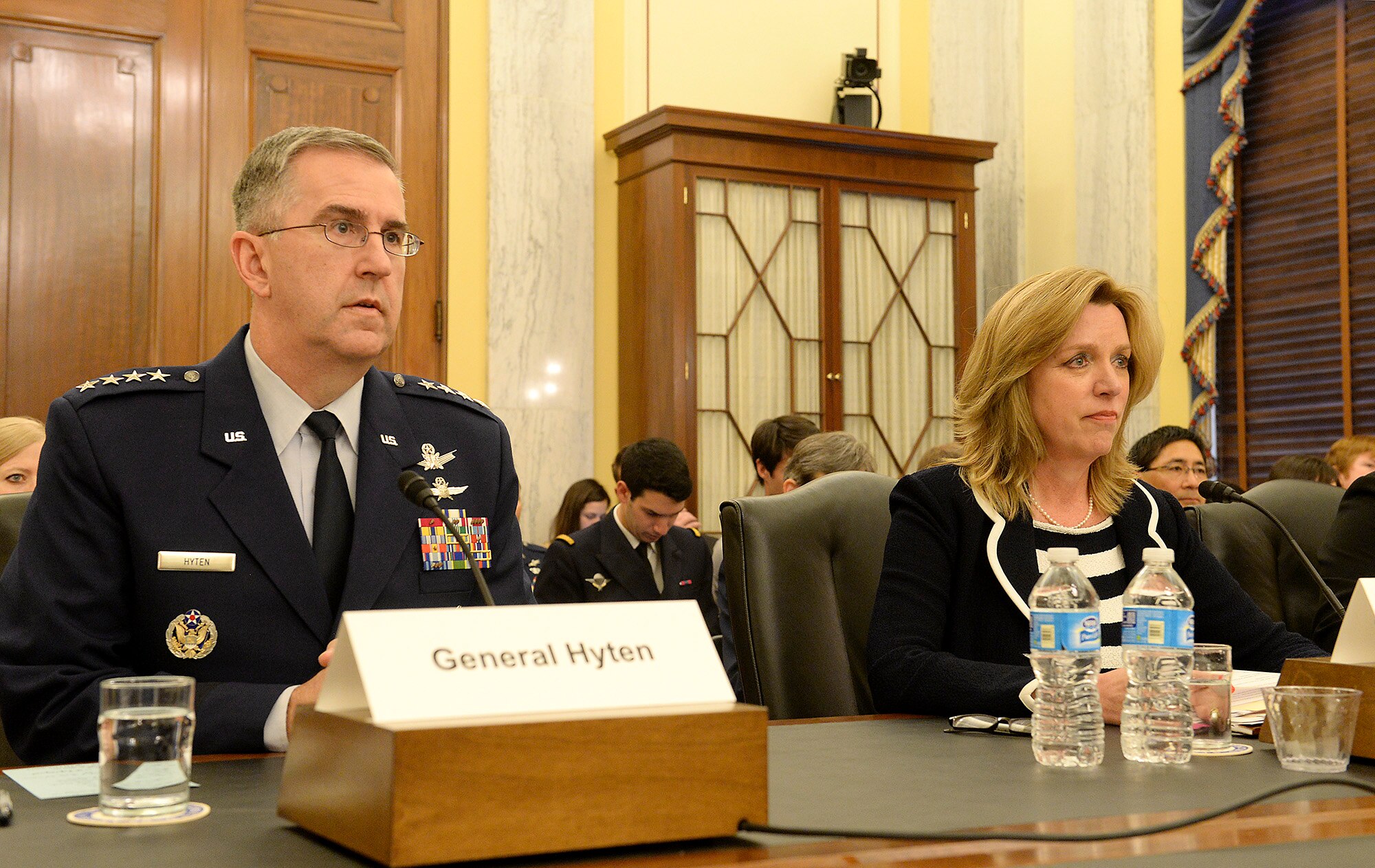 Secretary of the Air Force Deborah Lee James and Gen. John E. Hyten, commander of Air Force Space Command, testify before the Senate Armed Services Committee, Subcommittee on Strategic Forces in Washington, D.C., April 29, 2015. James stated during the hearing that space-based capabilities and effects are vital to U.S. warfighting, homeland security and the country’s way of life. James and Hyten also testified with Cristina T. Chaplain, director of Acquisition and Sourcing Management Government Accountability Office. (U.S. Air Force photo/Scott M. Ash)
