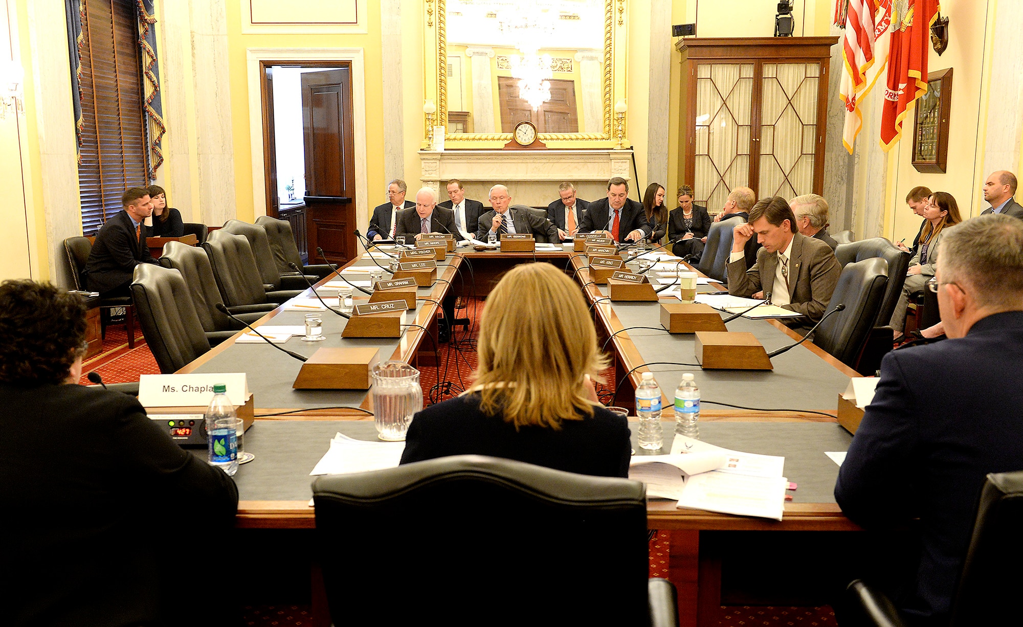 Secretary of the Air Force Deborah Lee James and Gen. John E. Hyten, commander of Air Force Space Command, testify before the Senate Armed Services Committee, Subcommittee on Strategic Forces in Washington, D.C., April 29, 2015. James stated during the hearing that space-based capabilities and effects are vital to U.S. warfighting, homeland security and the country’s way of life. James and Hyten also testified with Cristina T. Chaplain, director of Acquisition and Sourcing Management Government Accountability Office. (U.S. Air Force photo/Scott M. Ash)
