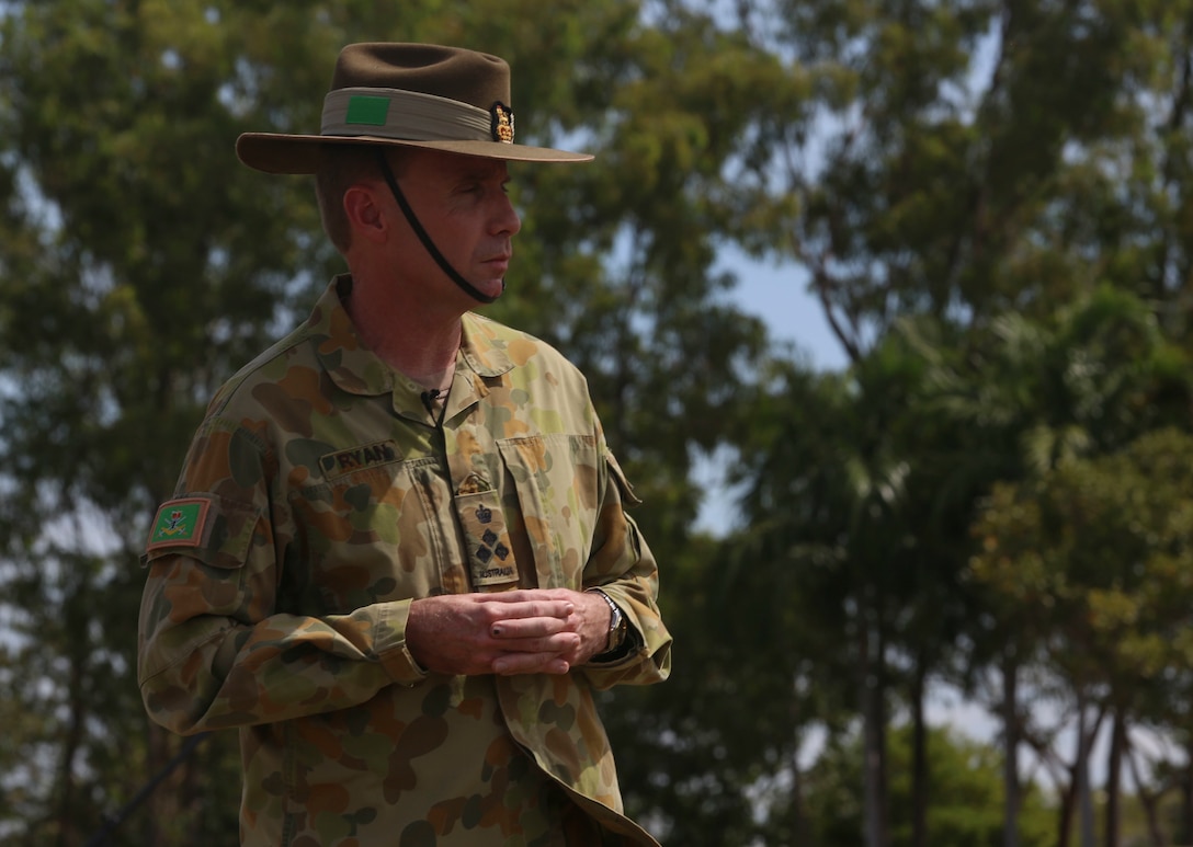 Brigadier Mick Ryan, commander, 1st Brigade, Australian Defence Force, welcomes U.S. Marines with Marine Rotational Force – Darwin during a “Welcome to Country” ceremony on April 22 at Robertson Barracks, Palmerston, Australia. Ryan spoke about the relationship between the Marines and Australians during the MRF-D deployment, and introduced Marines to aboriginal culture by inviting the Kenbi Dancers to conduct a welcoming performance.  MRF-D is the deployment of U.S. Marines to Darwin and the Northern Territory, for approximately six months at a time, where they will conduct exercises and training on a rotational basis with the ADF. (U.S. Marine Corps photo by Lance Cpl. Kathryn Howard/Released)