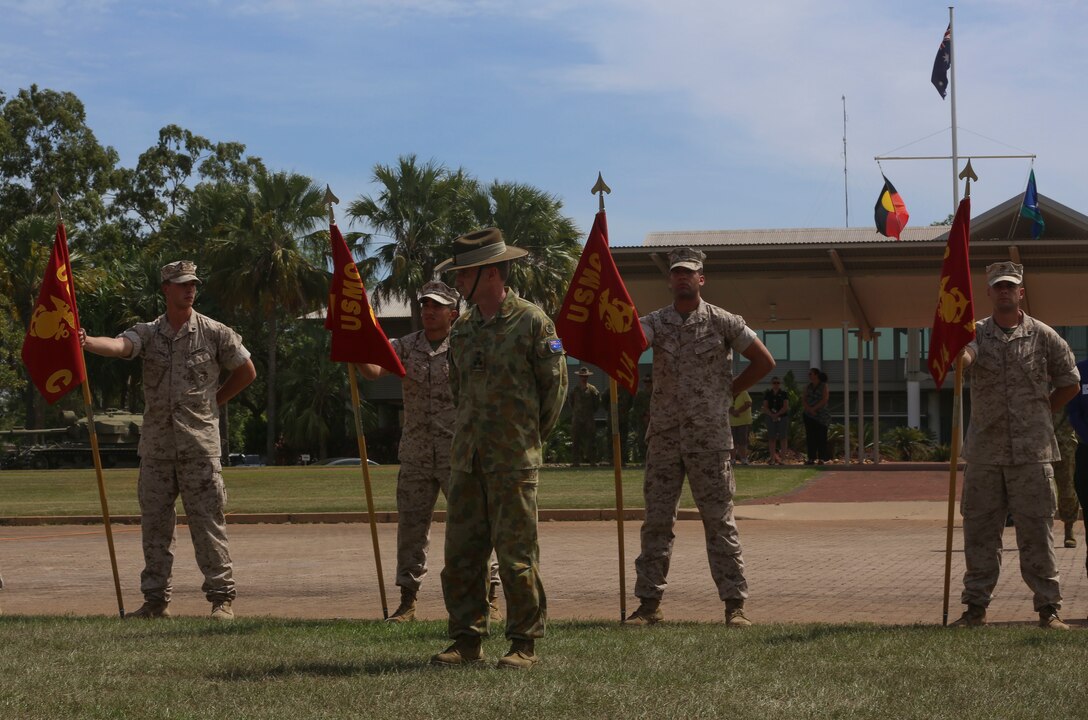 Brigadier Mick Ryan, commander, 1st Brigade, Australian Army, Australian Defence Force, welcomes the Marines with Marine Rotational Force – Darwin during a “Welcome to Country” ceremony on April 22 at Robertson Barracks, Palmerston, Australia. Brigadier Ryan spoke about the relationship between the Marines and Australians during the MRF-D deployment, and introduced Marines to aboriginal culture by inviting the Kenbi Dancers to conduct a welcoming performance.  MRF-D is the deployment of U.S. Marines to Darwin and the Northern Territory, for approximately six months at a time, where they will conduct exercises and training on a rotational basis with the ADF. (U.S. Marine Corps photo by Lance Cpl. Kathryn Howard/Released)