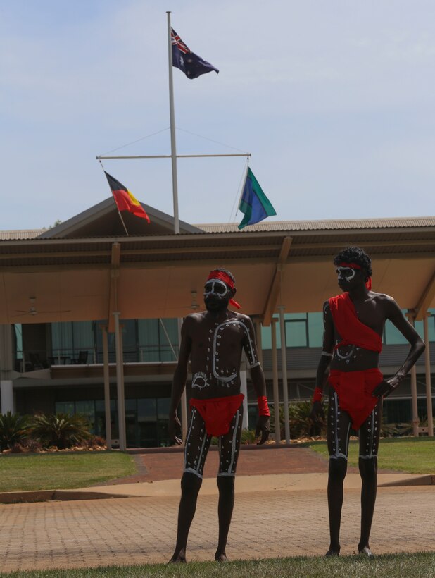Kenbi Dancers, an aboriginal dance group, prepare to perform for U.S. Marines with Marine Rotational Force – Darwin by conducting a ceremonial dance during a “Welcome to Country” ceremony on April 22 at Robertson Barracks, Palmerston, Australia. Brigadier Mick Ryan, commander, 1st Brigade, Australian Army, Australian Defence Force, spoke about the relationship between the Marines and Australians during the MRF-D deployment, and introduced Marines to aboriginal culture by inviting the Kenbi Dancers to conduct a welcoming performance. MRF-D is the deployment of U.S. Marines to Darwin and the Northern Territory, for approximately six months at a time, where they will conduct exercises and training on a rotational basis with the ADF. (U.S. Marine Corps photo by Lance Cpl. Kathryn Howard/Released)
