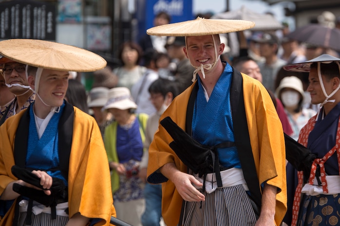 Marines from Marine Corps Air Station Iwakuni, Japan, participate in the Daimyo Procession during the Kintai-kyo Bridge Festival, April 29, 2015. The procession is an annual parade that reenacts the return of the daimyo and his entourage from the capital of Japan.