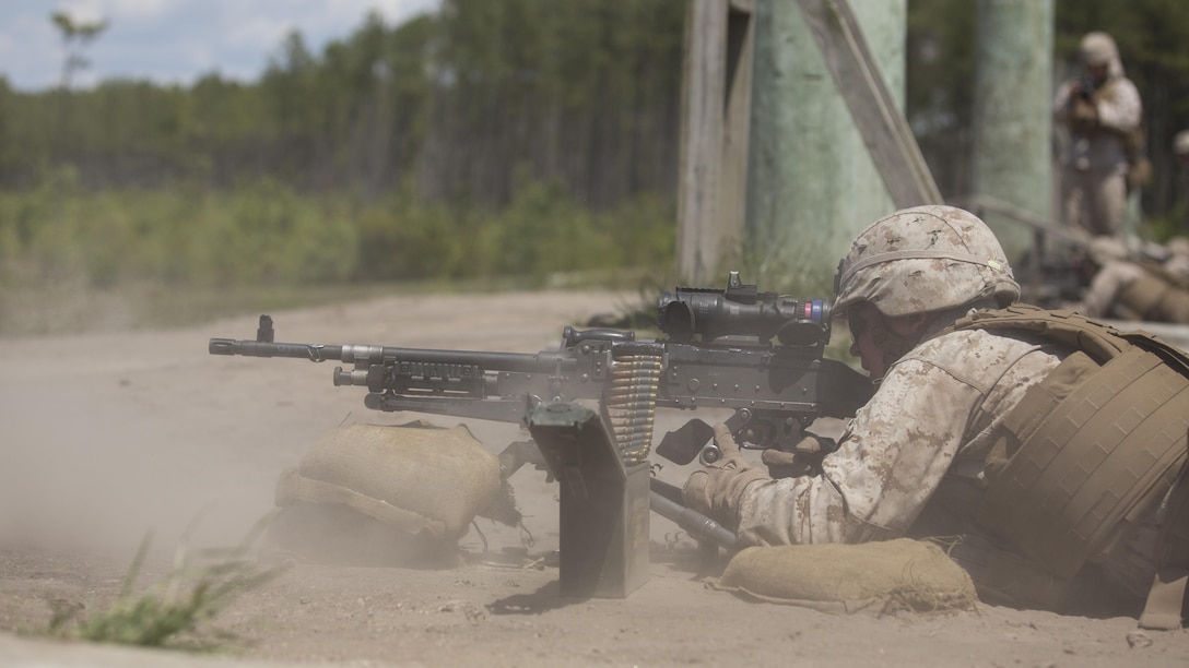 A Marine with Bravo Company, 1st Battalion, 8th Marine Regiment, fires rounds at a target 300 yards out with an M240 Bravo medium machine gun during a machine-gun shoot aboard Camp Lejeune, N.C., April 27, 2015. Lance Cpl. Brett Collum, a team leader with the unit said the range will consist of zeroing the M240’s, conducting an unknown distance range, day and night shoot as well as tryouts for billets. Zeroing is the process of aligning the scope on the weapon to the barrel, which is normally done with a target placed 100-200 yards away. (U.S. Marine Corps photo by Cpl. Justin T. Updegraff/ Released)