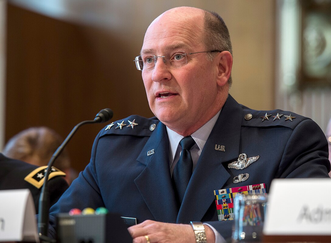 Air Force Reserve Chief Lt. Gen. James Jackson testifies before the Senate Appropriations Committee Subcommittee on Defense, to answer questions pertaining to the fiscal year 2016 funding request and budget justification for the U.S. National Guard and Reserve, in Washington, D.C., April 29, 2015. Testifying with Jackson, on behalf of the Air National Guard, was Air National Guard Director Lt. Gen. Stanley E. Clark III. (U.S. Air Force photo/Jim Varhegyi)