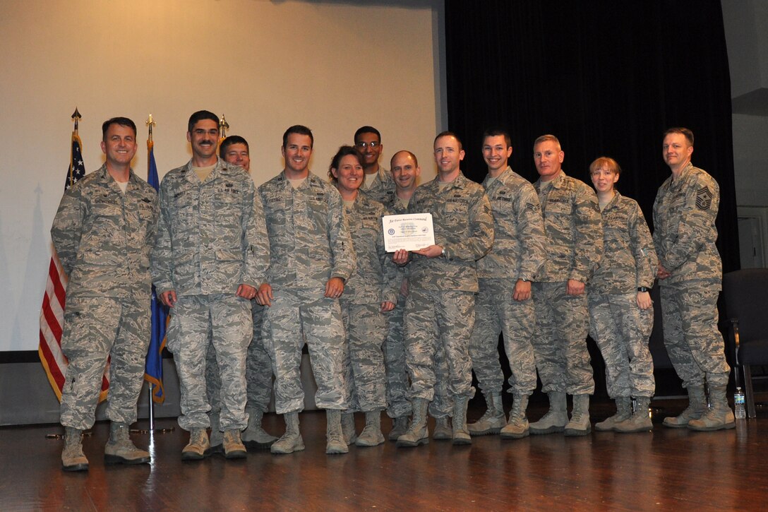 The 916th Intelligence Flight is commended by wing leadership during a commander's call, held at Seymour Johnson Air Force Base during the April drill weekend. The flight was identified by the Air Force Reserve Command Inspector General team for their superior performance in the wing's most recent Unit Effectiveness Inspection. 