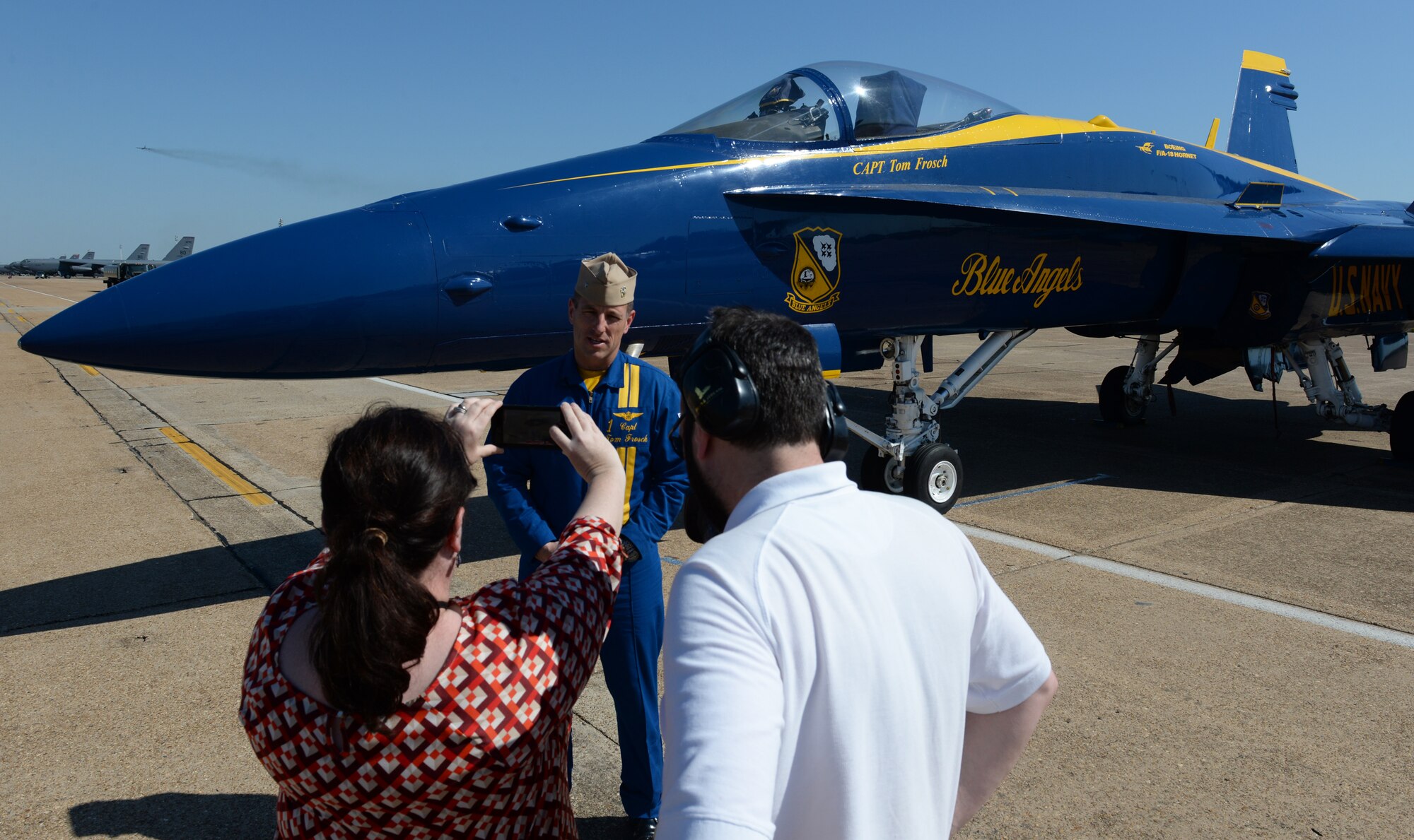 Capt. Tom Frosch, United States Navy Flight Demonstration Team Blue Angels commander, speaks to local media on Barksdale Air Force Base, Louisiana, April 30, 2015. Frosch visited Barksdale to begin final preparations with base organizations for the 2015 Defenders of Liberty Airshow scheduled for May 2-3. (U.S. Air Force photo/Airman 1st Class Curt Beach)