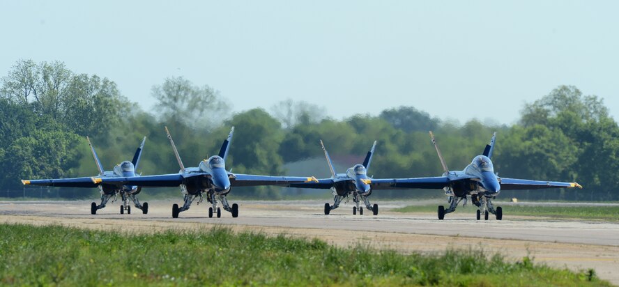 The U.S. Navy Flight Demonstration Team Blue Angels F/A-18 taxi down the runway at Barksdale Air Force Base, Louisiana, April 30, 2015. The Blue Angels will be headlining the 2015 Defenders of Liberty Air Show. (U.S. Air Force photo/Senior Airman Benjamin Gonsier)