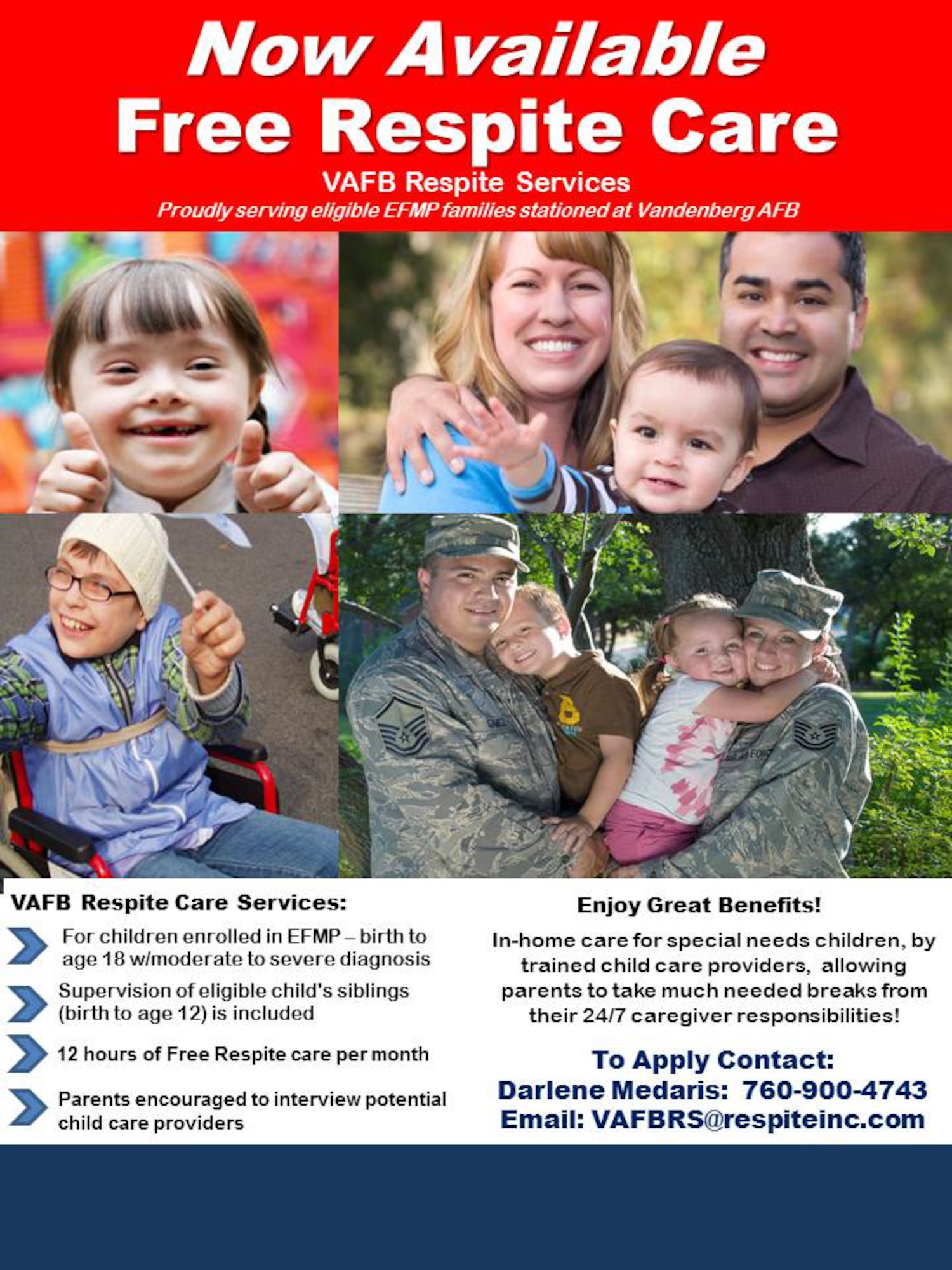 Free respite care is now available to eligible Vandenberg families currently enrolled in the Exceptional Family Member Program, with the support of Child Care Aware of America. Families with children age 18 or younger who have a moderate to severe diagnosis, are eligible for up to 12 hours of free respite care per month. (Courtesy graphic)  
