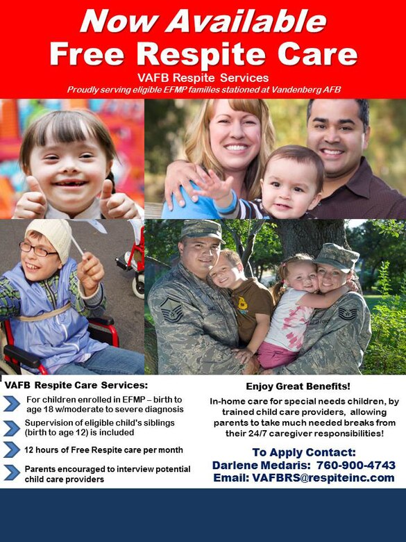 Free respite care is now available to eligible Vandenberg families currently enrolled in the Exceptional Family Member Program, with the support of Child Care Aware of America. Families with children age 18 or younger who have a moderate to severe diagnosis, are eligible for up to 12 hours of free respite care per month. (Courtesy graphic)  
