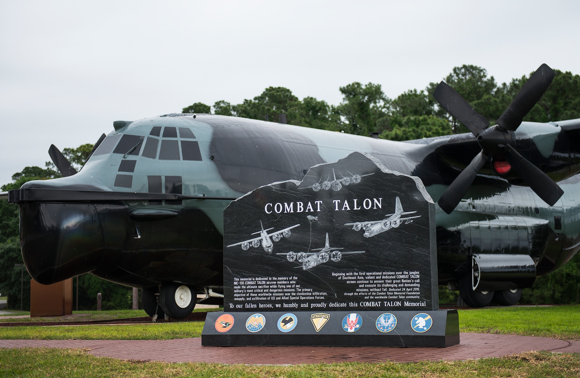 A new Combat Talon memorial stone was placed near former 919th Special Operations Wing’s MC-130E Combat Talon I aircraft 64-0567 at Hurlburt Field’s airpark April 24.  The stone serves as a memorial to the MC-130E aircraft and to the Operation Eagle Claw mission in 1980.  (U.S. Air Force photo/Tech. Sgt. Jasmin Taylor)