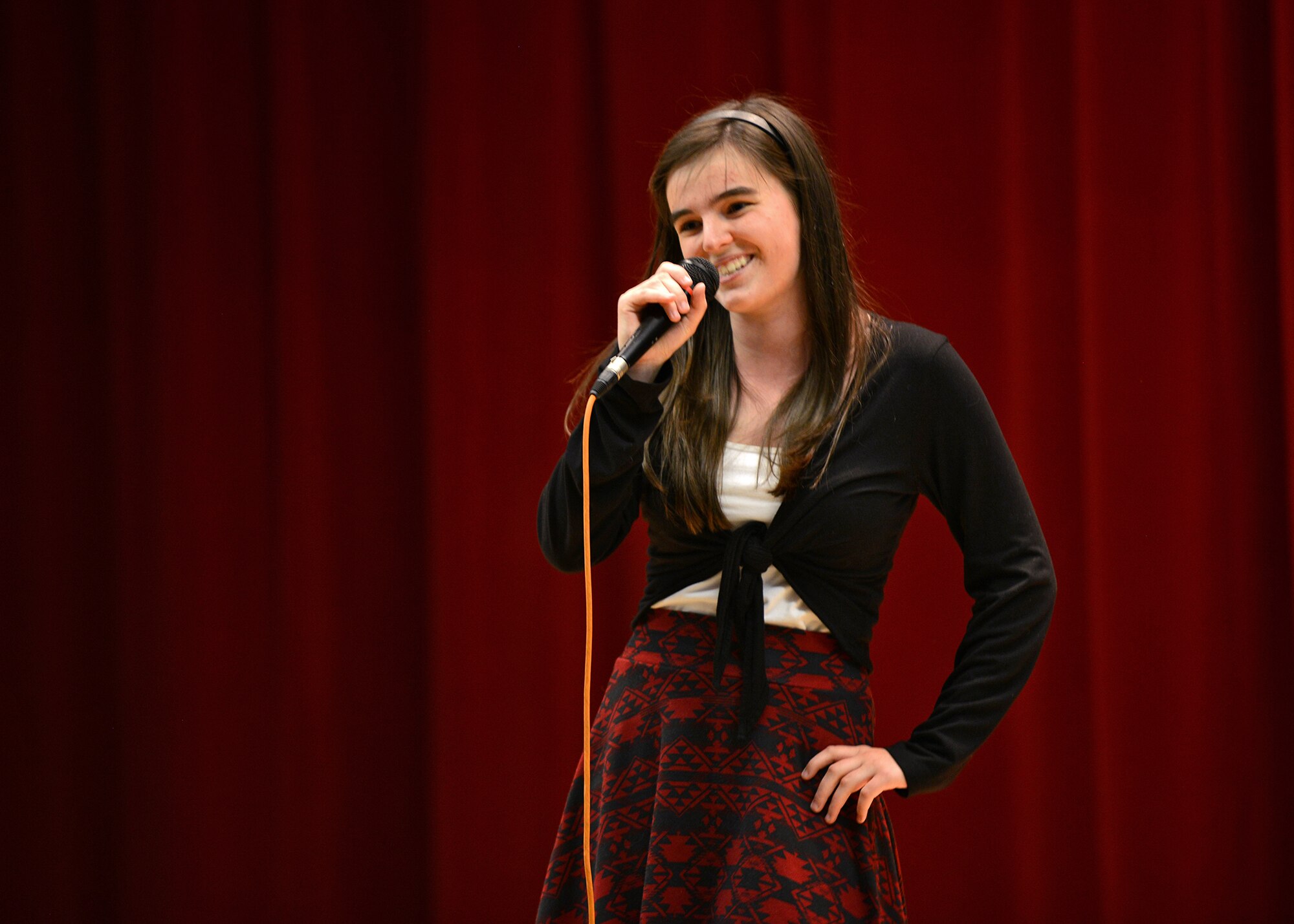 Rachael Cregier, dependent, sings “Don’t Rain on My Parade” during this year’s “Edwards got Talent” event at the Oasis Community Center which was held April 24. Creiger placed first in the talent competition. The event was hosted by Family Advocacy and the 412th Medical Group Booster Club to bring awareness during Child Abuse Prevention Month. (U.S. Air Force photo by Jet Fabara)