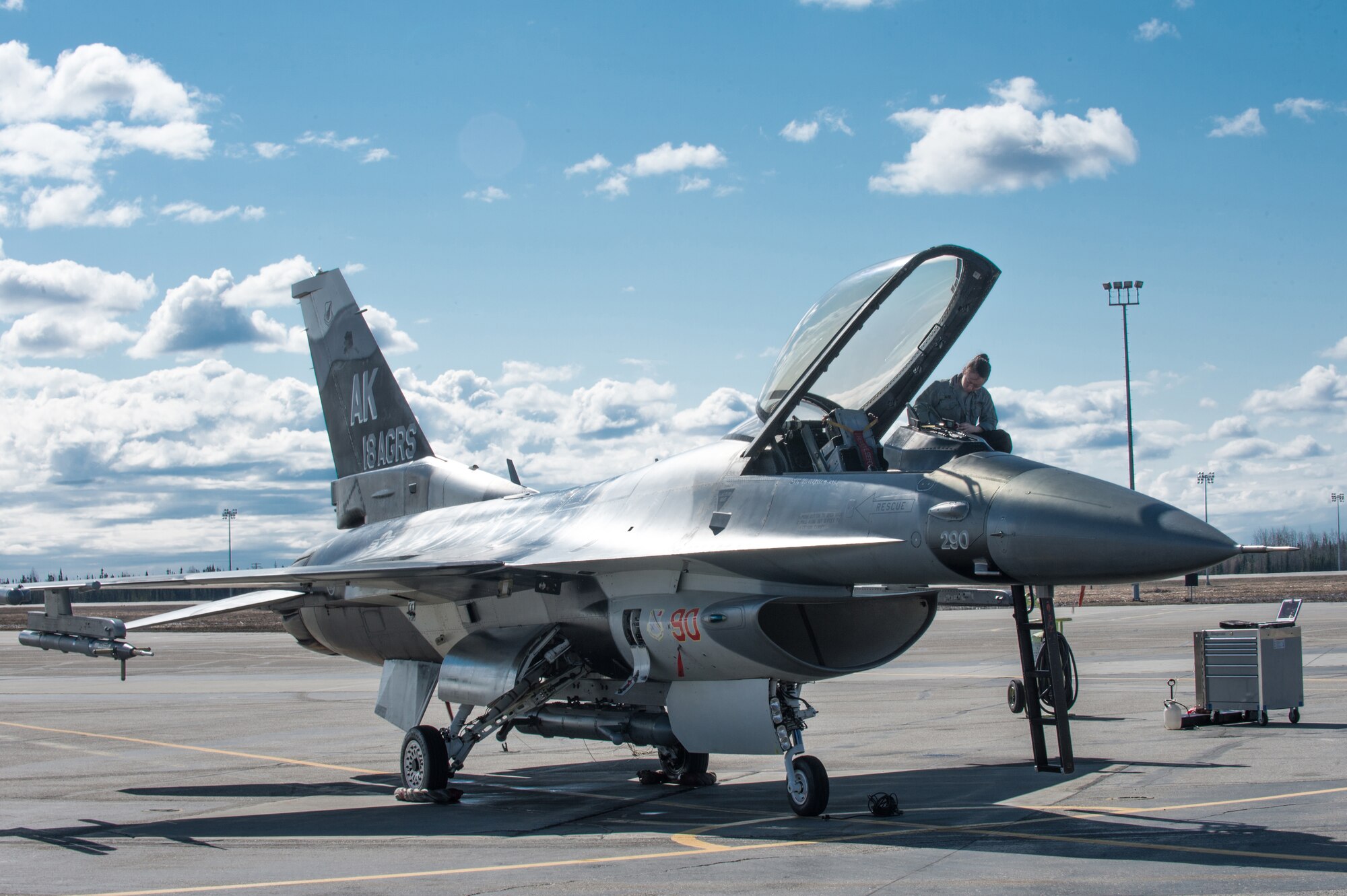 U.S. Air Force Senior Airman Michelle Park, a 354th Aircraft Maintenance Squadron assistant dedicated crew chief, works on an F-16 Fighting Falcon at Eielson Air Force Base, Alaska, April 27, 2015. Park will work with a pilot to launch the jet safely and also keep track of maintenance on the aircraft. (U.S. Air Force photo by Staff Sgt. Shawn Nickel/Released)